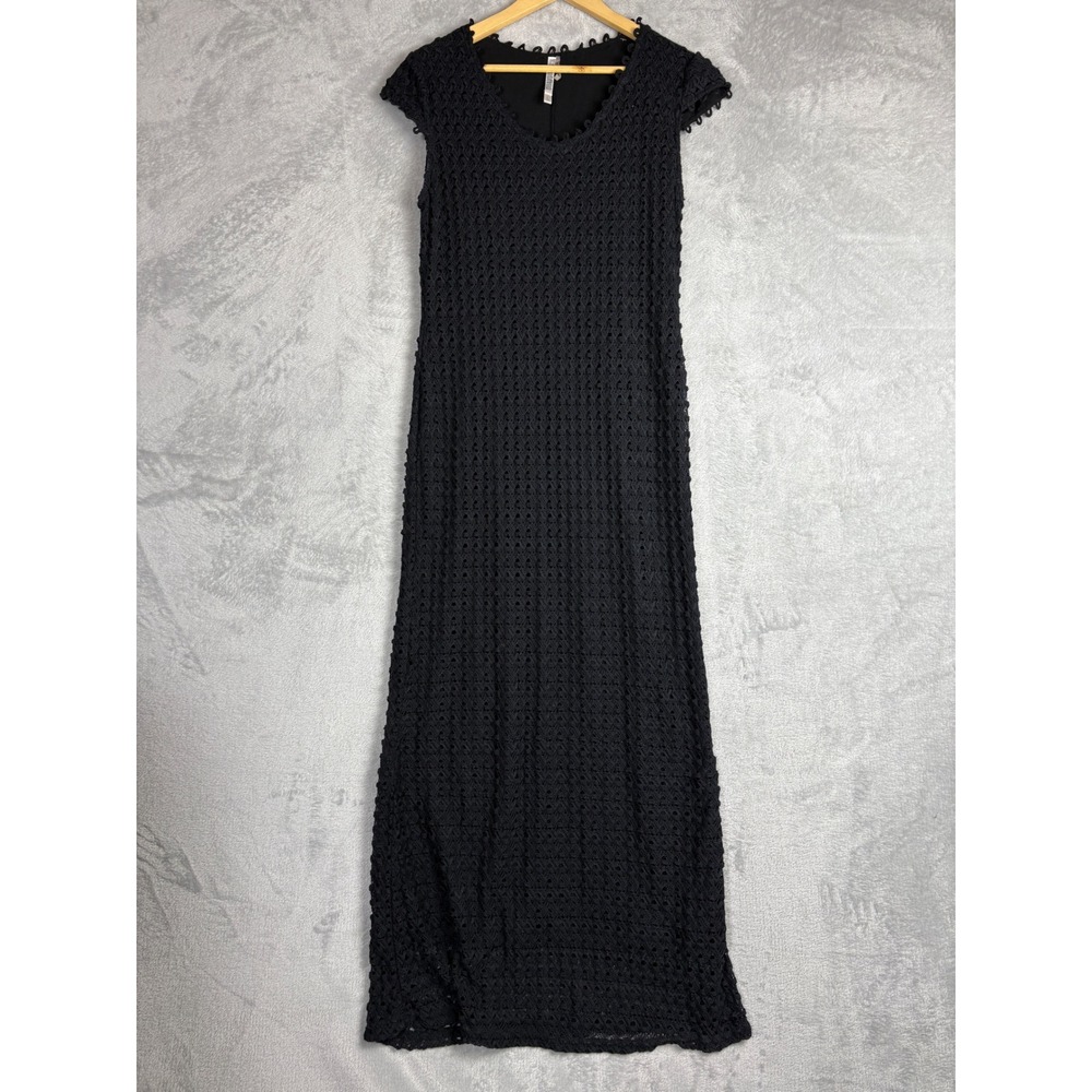 Vintage Crochet Maxi Dress Black Womens Large V-Neck Sleeveless Boho Goth Party